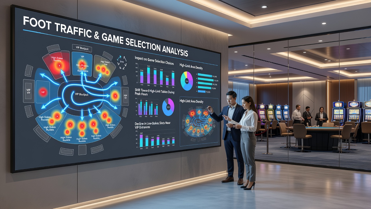 Heat map visualization of casino foot traffic near high-limit tables and surrounding game areas