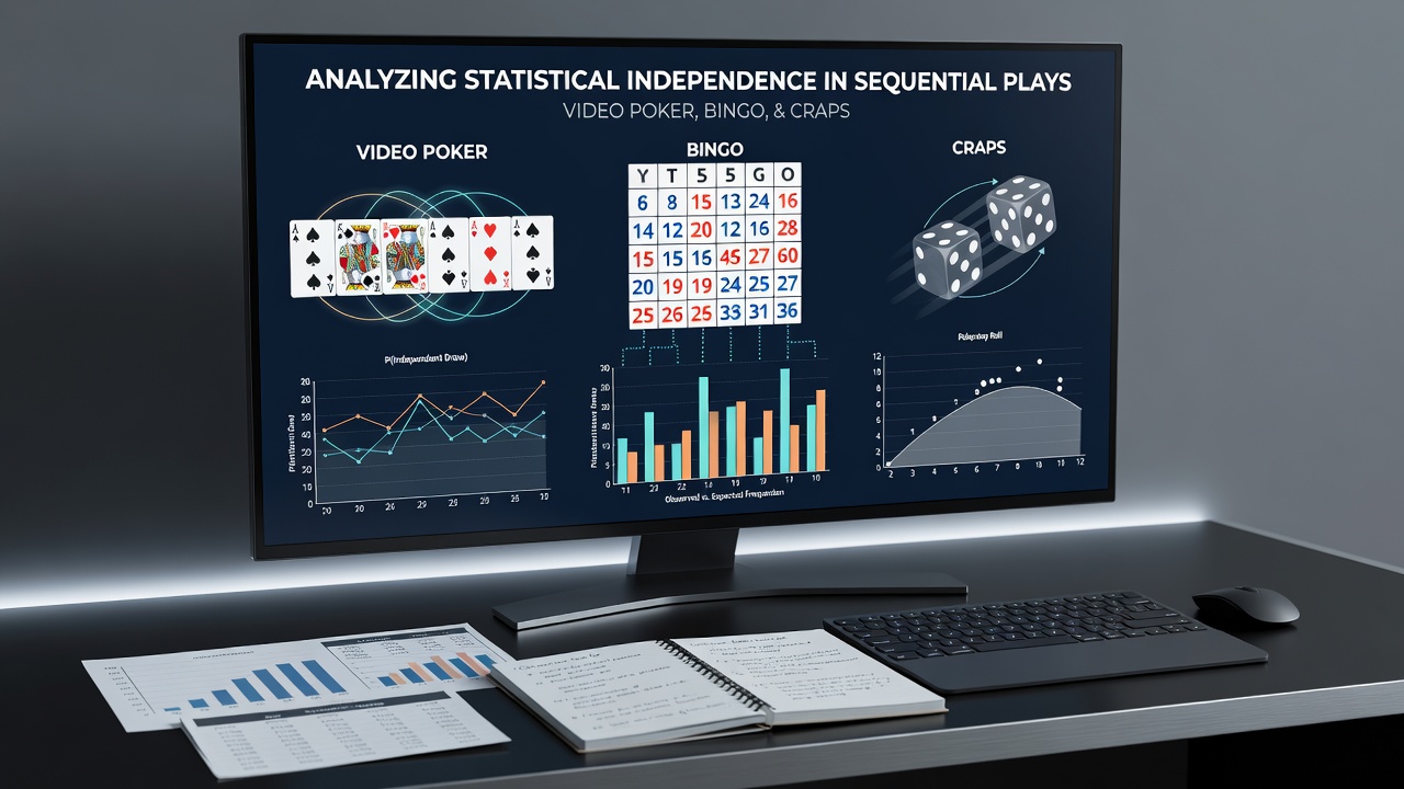 Detailed probability distribution graphs comparing video poker hands, bingo patterns, and craps outcomes over time