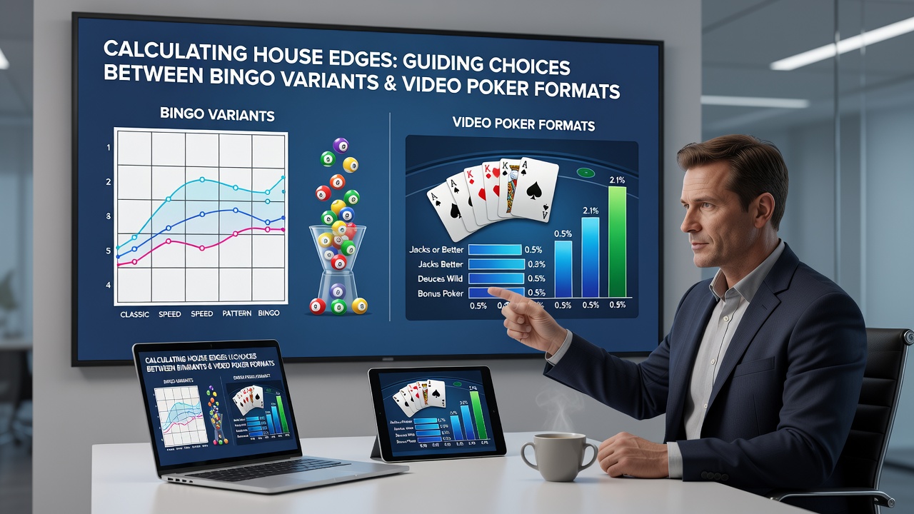 Infographic illustrating probability tables and payout structures used in house edge formulas for both game categories
