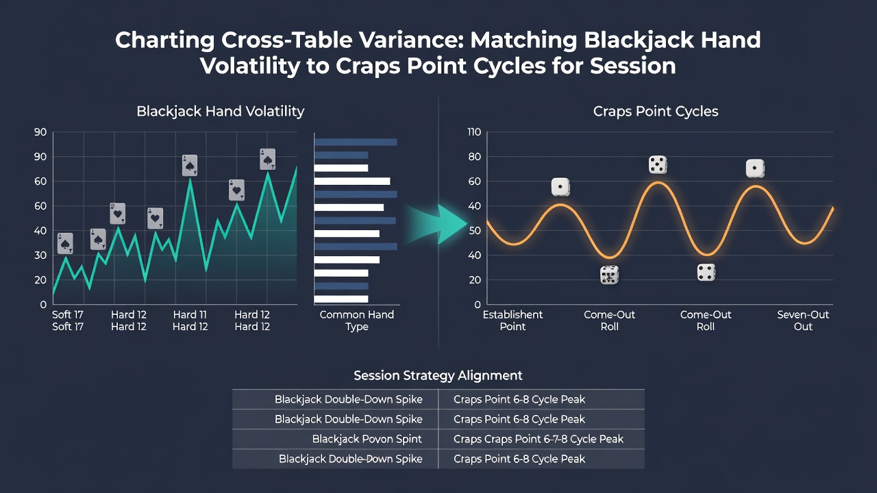 Chart displaying overlaid variance curves for blackjack hands and craps point resolutions over a 90-minute period
