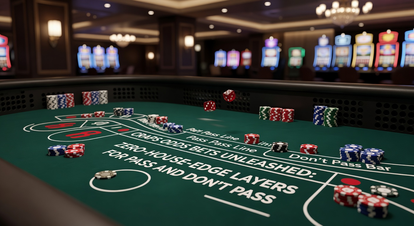 Craps table with pass line and odds bets highlighted, showing dice rolls and chips in action