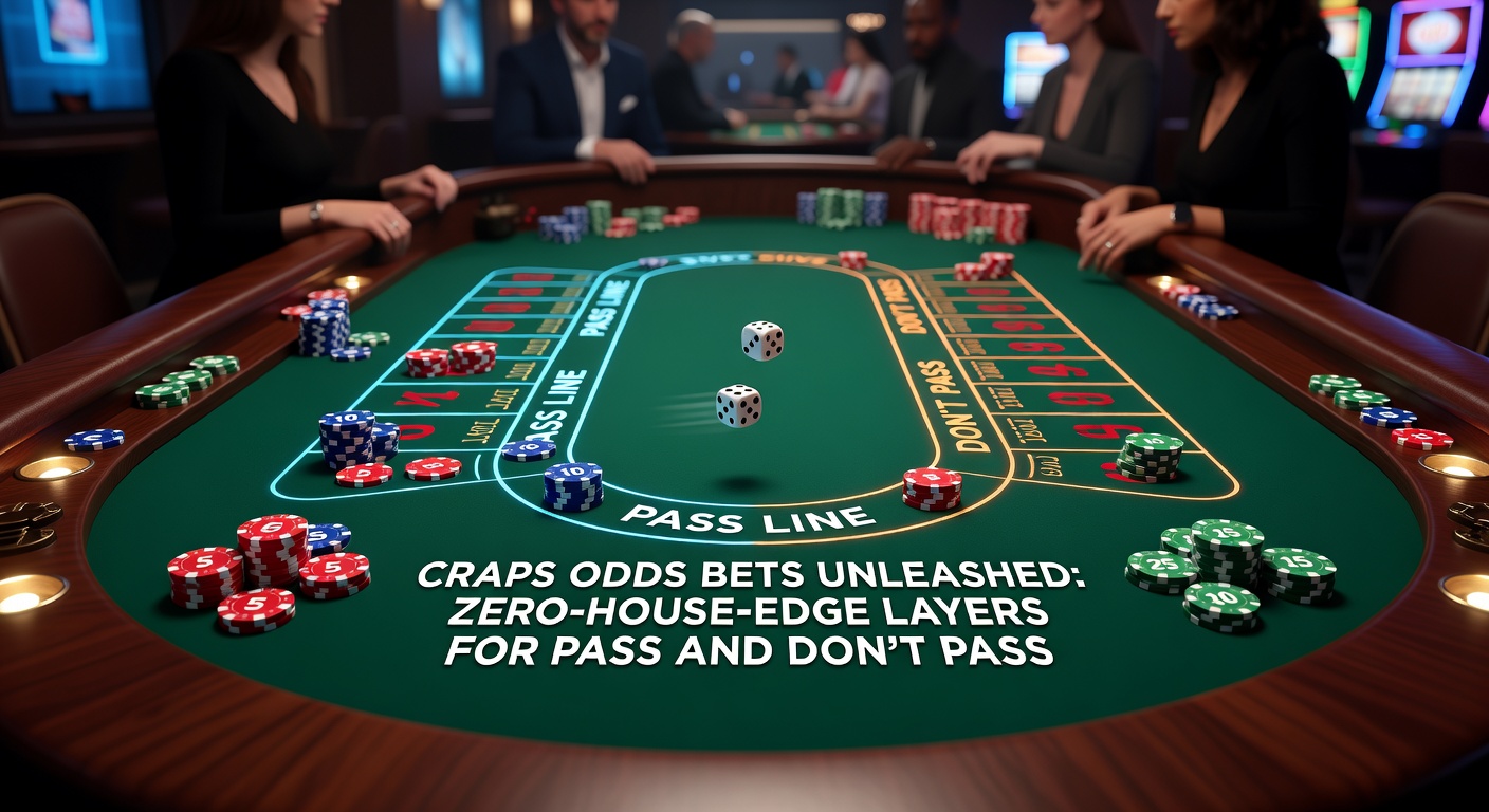 Close-up of craps layout focusing on don't pass bar and odds betting area, with chips stacked for multiple layers