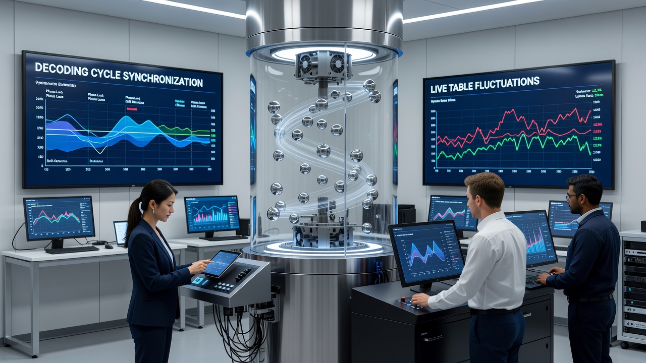 Casino technicians reviewing synchronization data between electronic draw systems and live table operations