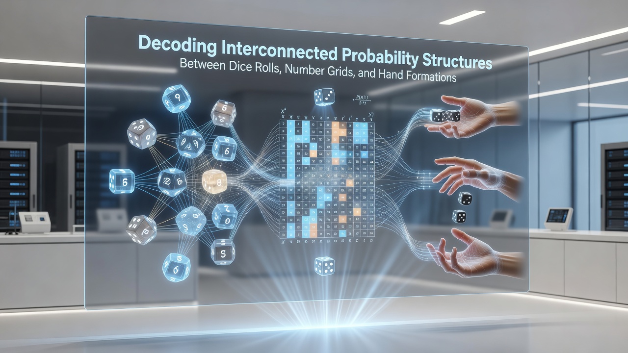 Detailed diagram showing probability flow between dice outcomes, numbered grid cells, and poker-style hand rankings within multi-layered casino game architectures