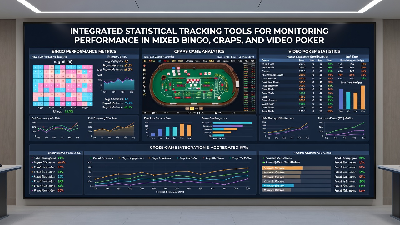 Analytics interface displaying integrated performance charts for bingo patterns, craps rolls, and video poker outcomes