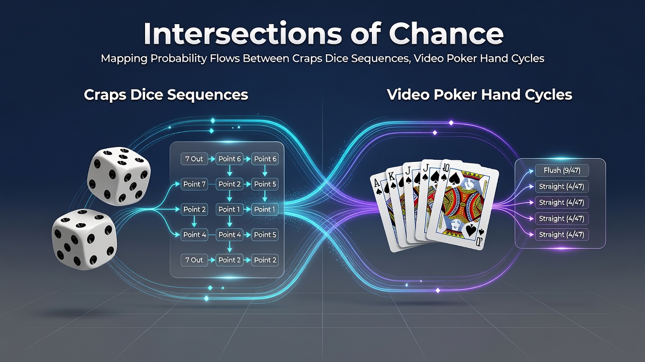 Chart illustrating overlapping probability distributions for dice rolls, poker hands, and bingo patterns across connected casino venues