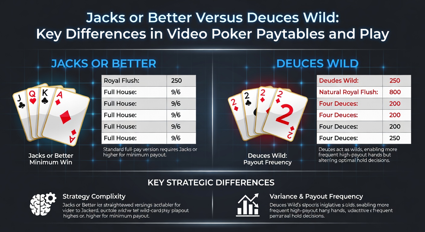 Video poker machine displaying Jacks or Better and Deuces Wild paytables side by side, highlighting key payout differences for common hands