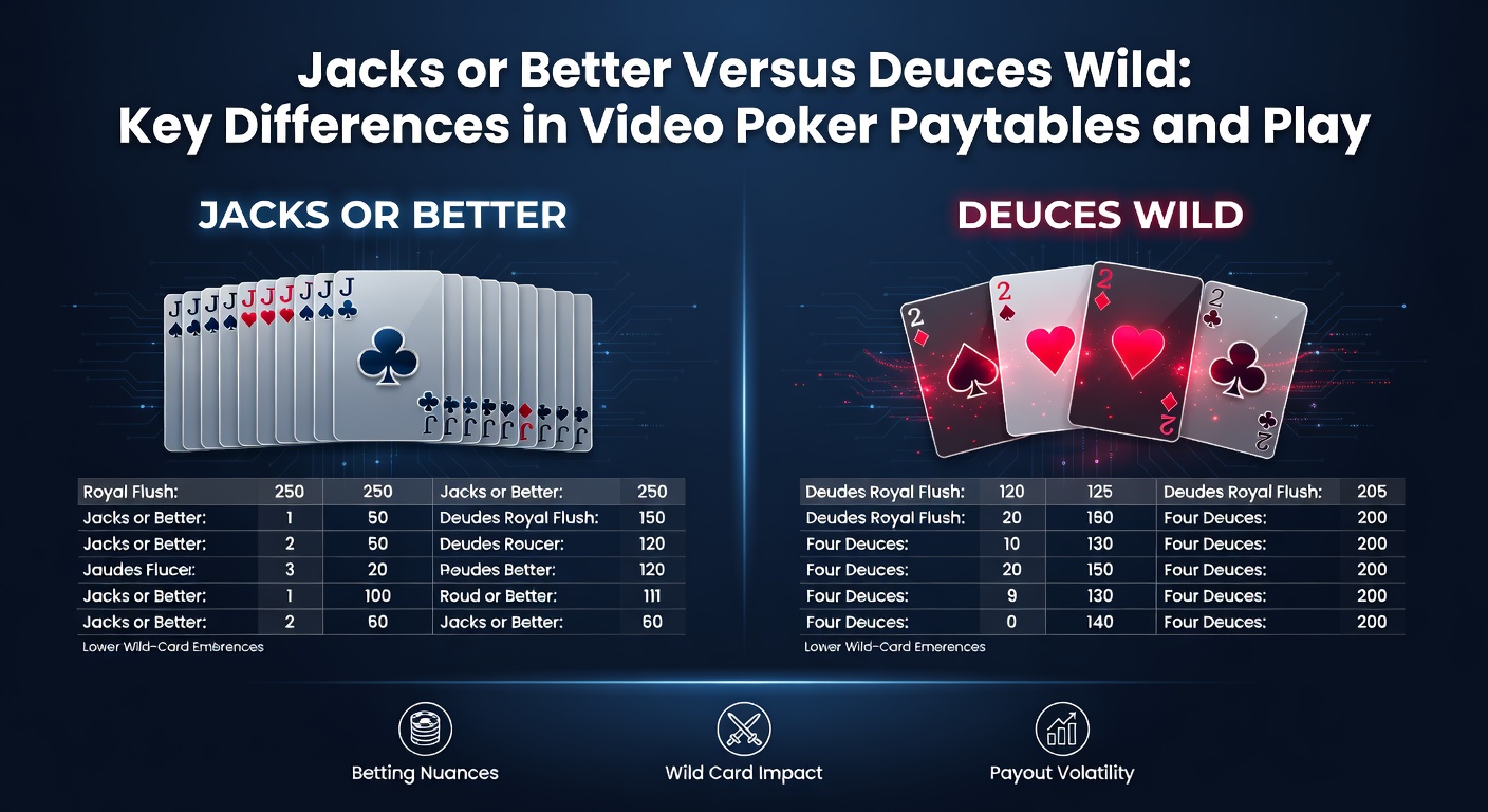 Close-up comparison chart of Jacks or Better and Deuces Wild paytables, showing payout columns for royal flush, five of a kind, and other hands across different bet levels