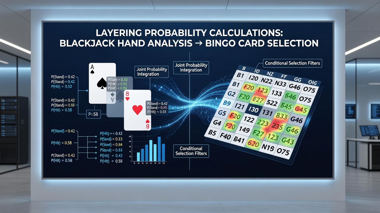 Bingo card grids with probability heatmaps derived from blackjack counting techniques