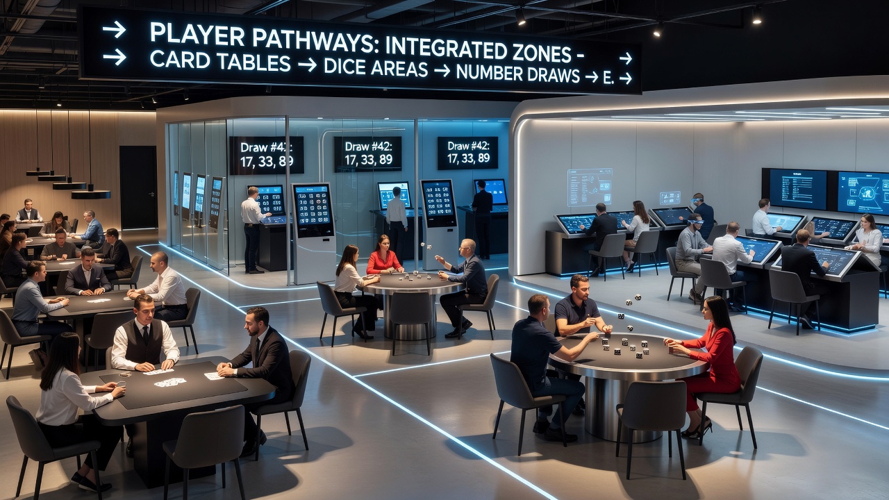 Overhead view of player movement patterns across interconnected gaming zones in a modern casino
