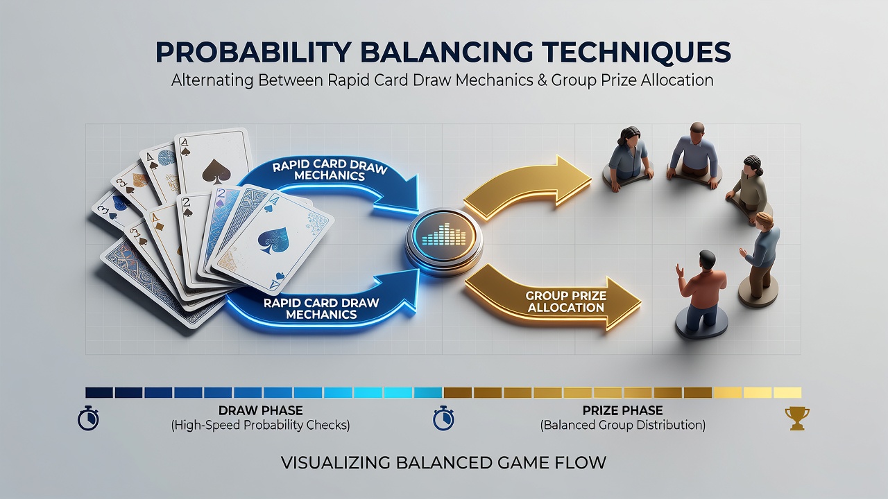 Flowchart illustrating alternating mechanics between card draws and prize pools with probability adjustment nodes