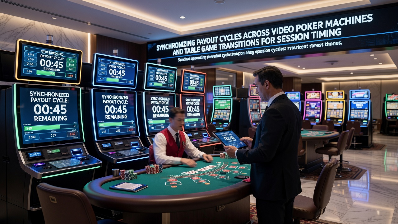 Diagram illustrating payout cycle timelines overlaid on a casino floor plan with video poker and table game zones