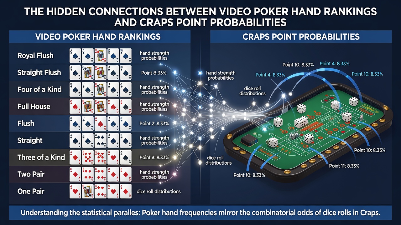 Side-by-side probability graphs comparing video poker hand odds to craps point frequencies