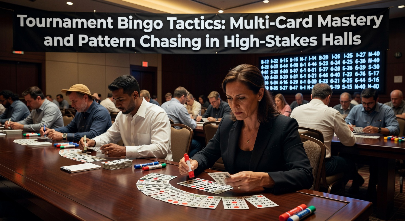 Players at a high-stakes bingo tournament hall managing multiple cards with daubers and focused expressions
