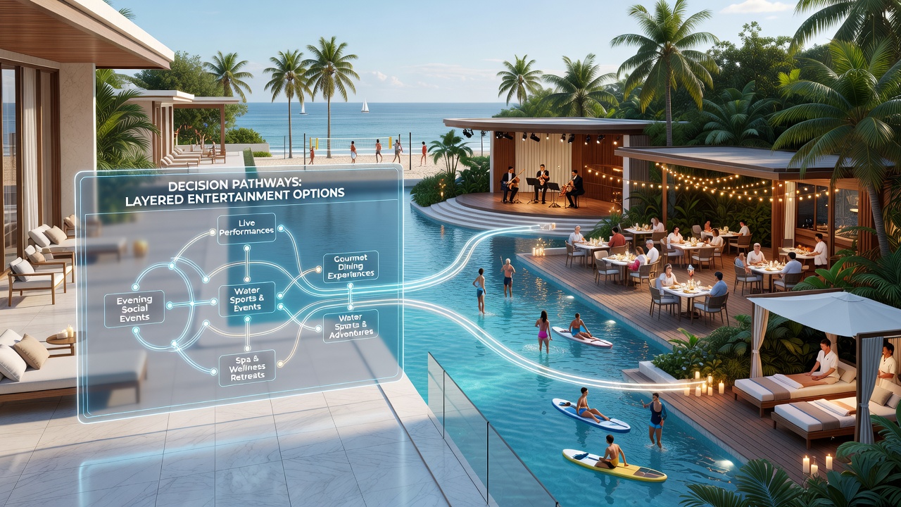 Interior map display at a resort showing layered entertainment zones with pathways marked between casino areas, restaurants, and event spaces