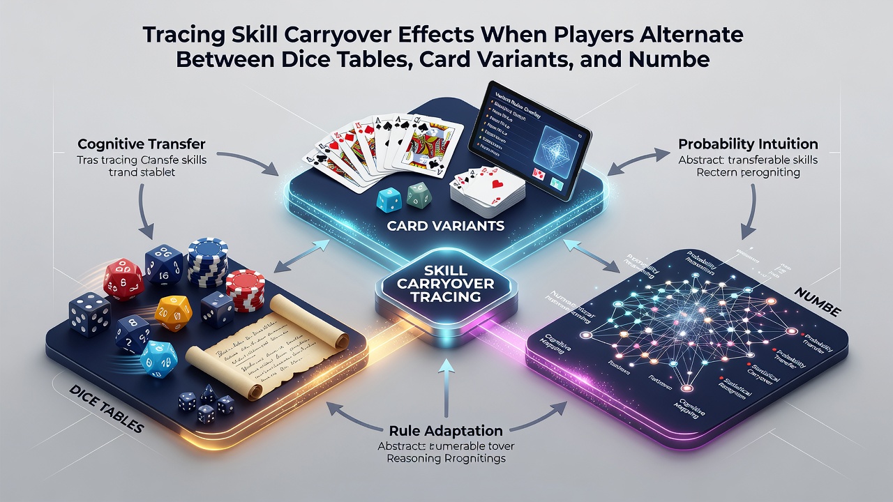 Detailed view of player transitions between craps dice tables, blackjack card stations, and bingo-style number group areas