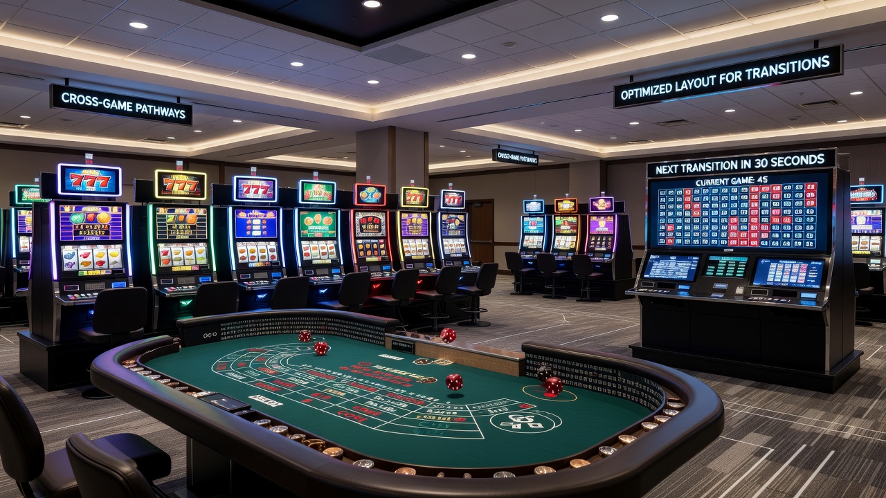 Detailed view of casino pathway connecting reel machine banks to dice tables and number grids